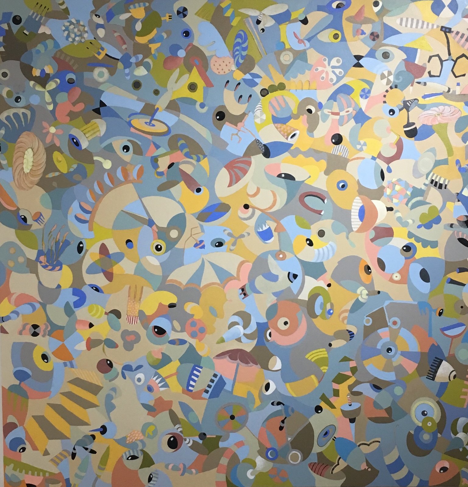 Colorful, densely packed abstract creatures and playful shapes fill Carla Poindexter’s painting The Atomic Color Wheel of Our Youth.
