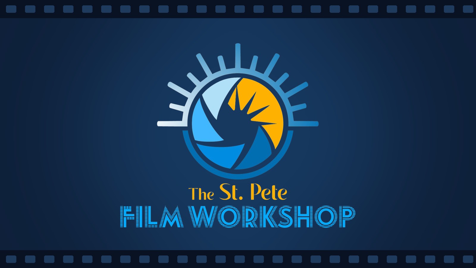 The St. Pete Film Workshop logo on a navy film-strip background.